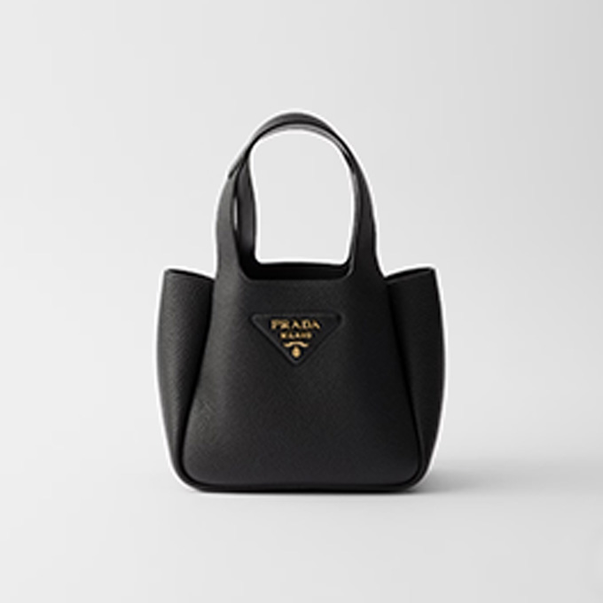 prada pebbled leather mini tote handbag with triangle metal logo